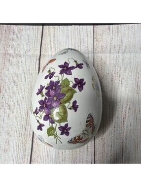 Vintage Porcelain Egg Shaped Covered Trinket Dish Butterflies Violets